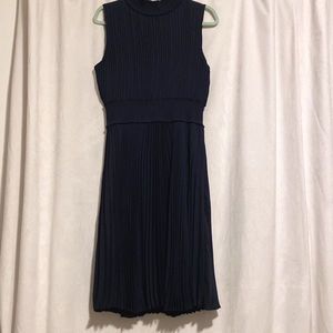 Nanette Lepore Navy Pleated Midi Dress with High Neck Collar and Smocked Stretch